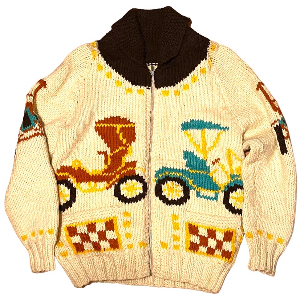 Vintage Handmade Knitted Antique Car Intarsia sweater Cardigan White zip…